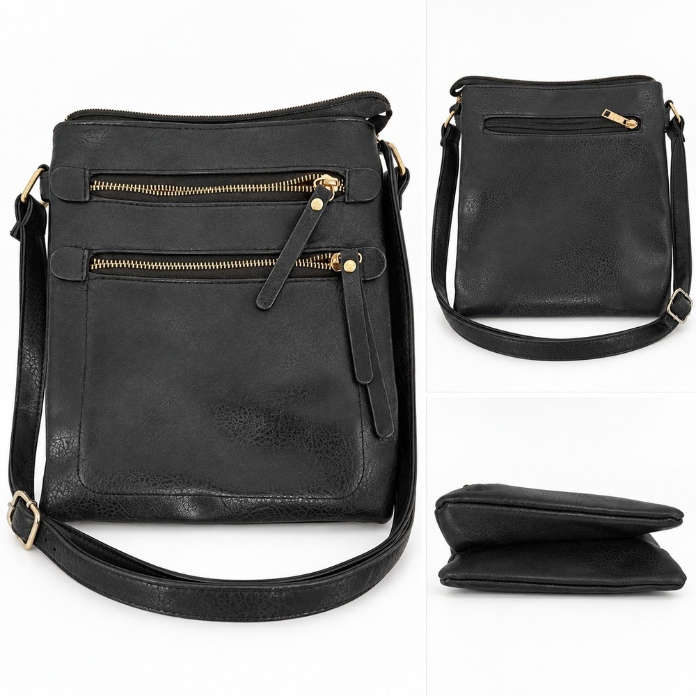 Black Faux Leather Crossbody Bag Gold Zipper Multi Pocket Slim Travel Purse